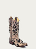 Corral Boot Company LLC A3648 - WOMEN'S BLACK GLITTER INLAY FLORAL OVERLAY WITH CRYSTALS AND STUDS SQUARE TOE BROWN COWBOY BOOT