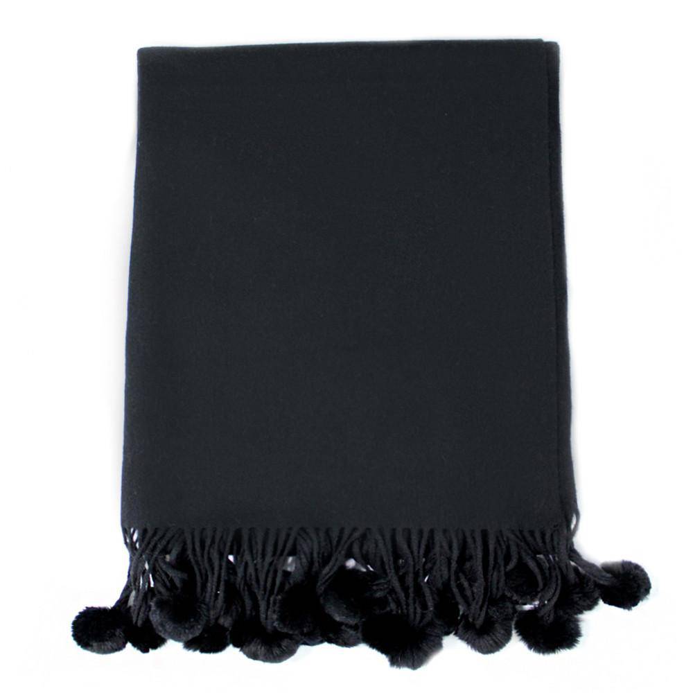 La Fiorentina Wrap with Rabbit Fur Pom Poms - Black