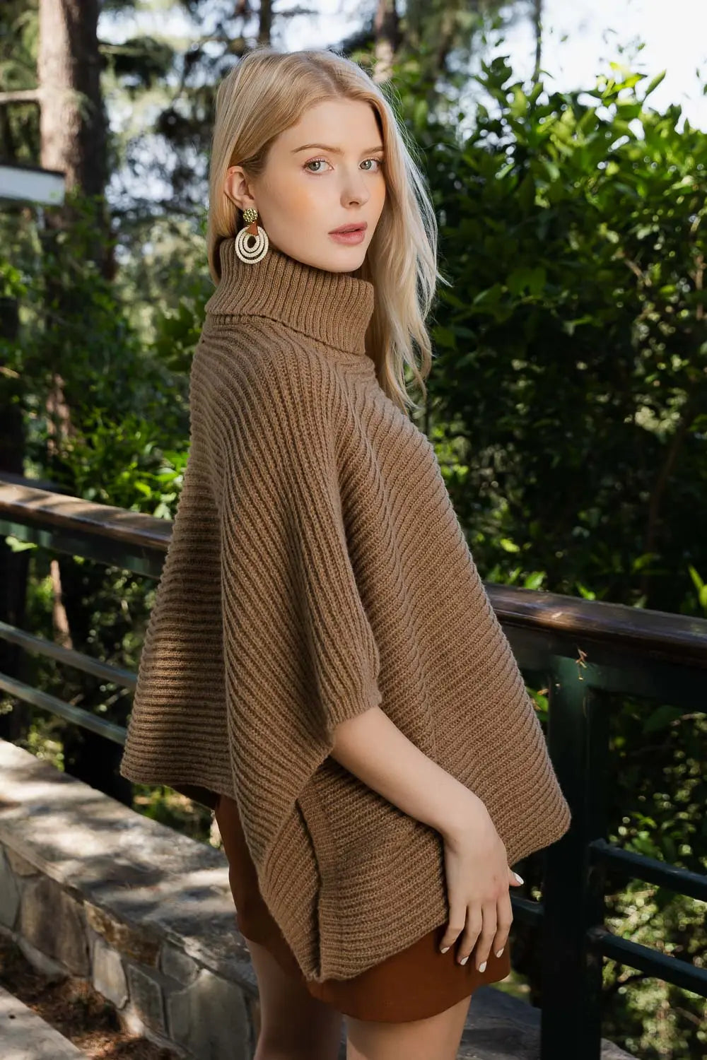 Leto Collection SnugStyle Turtleneck Ribbed Knit Poncho with Armholes